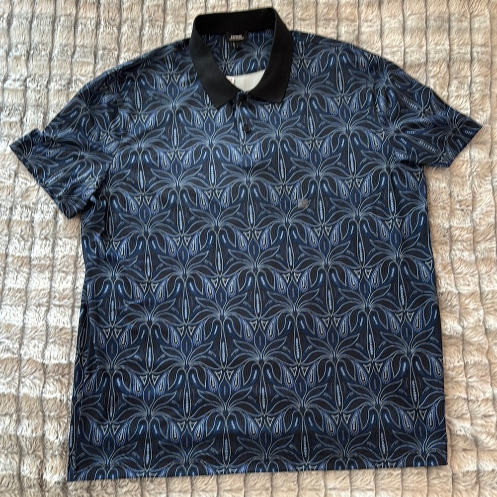 Express Tropical Print Polo Shirt Blue and Black size L NWT